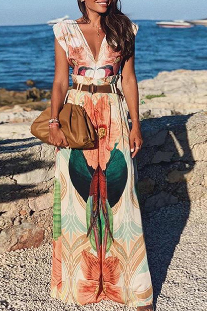 Casual Print Patchwork V Neck Straight Jumpsuits