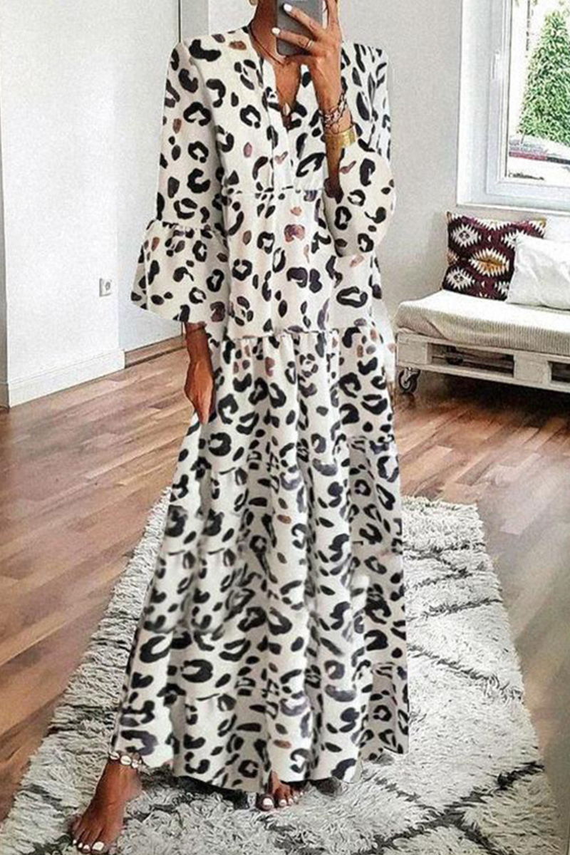 Casual Leopard Patchwork V Neck Cake Skirt Dresses