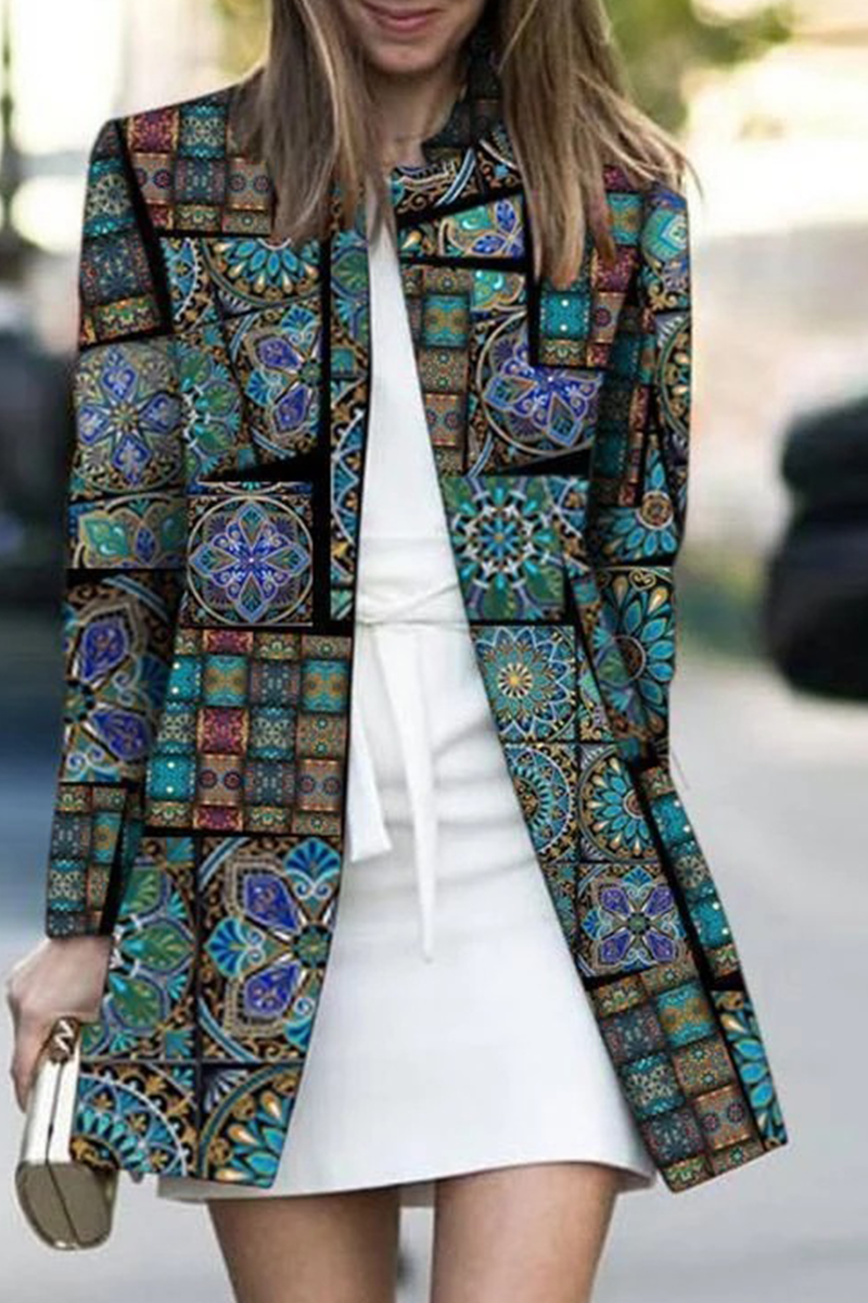 Casual Print Patchwork Cardigan Collar Outerwear