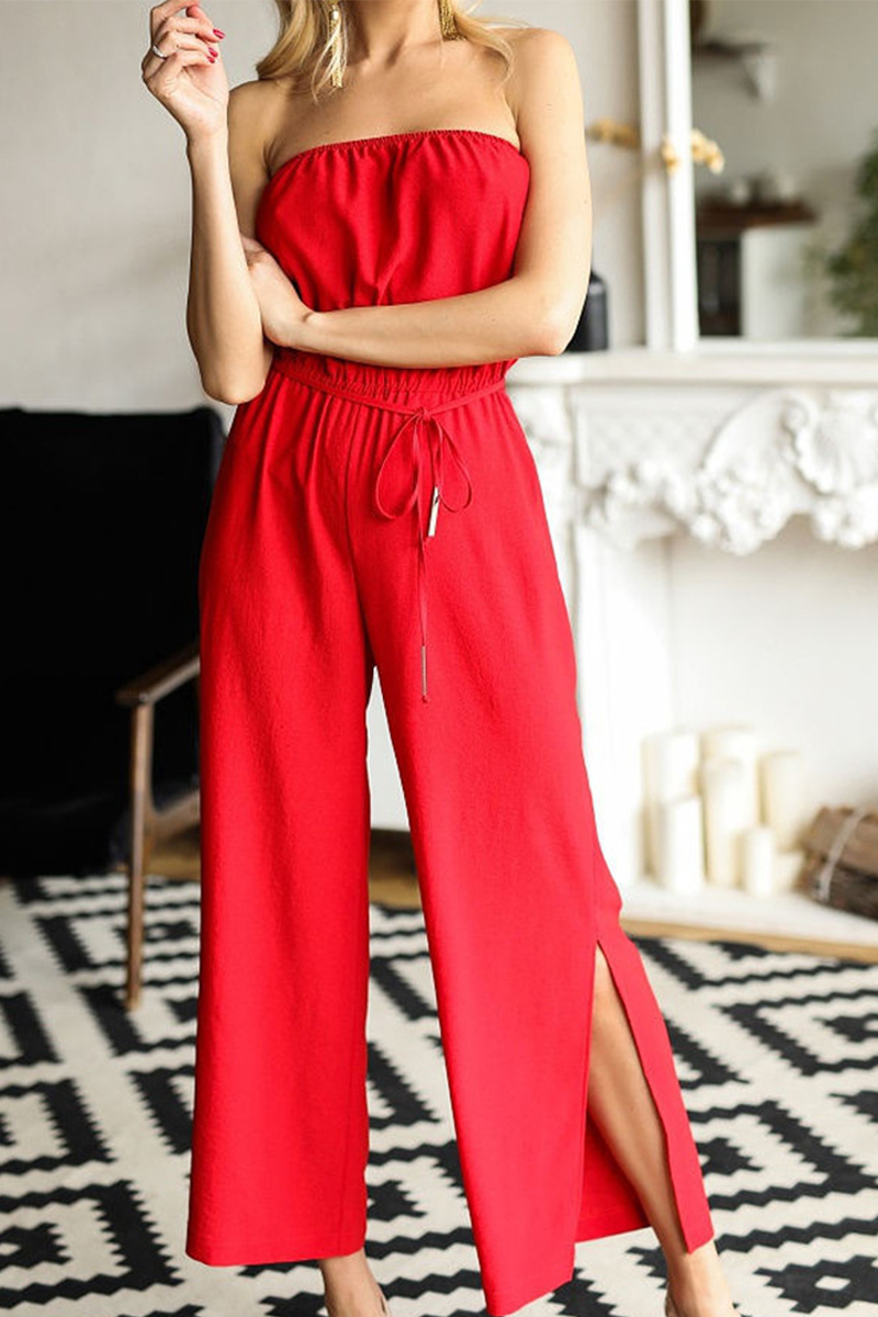 Casual Solid Split Joint Strapless Straight Jumpsuits