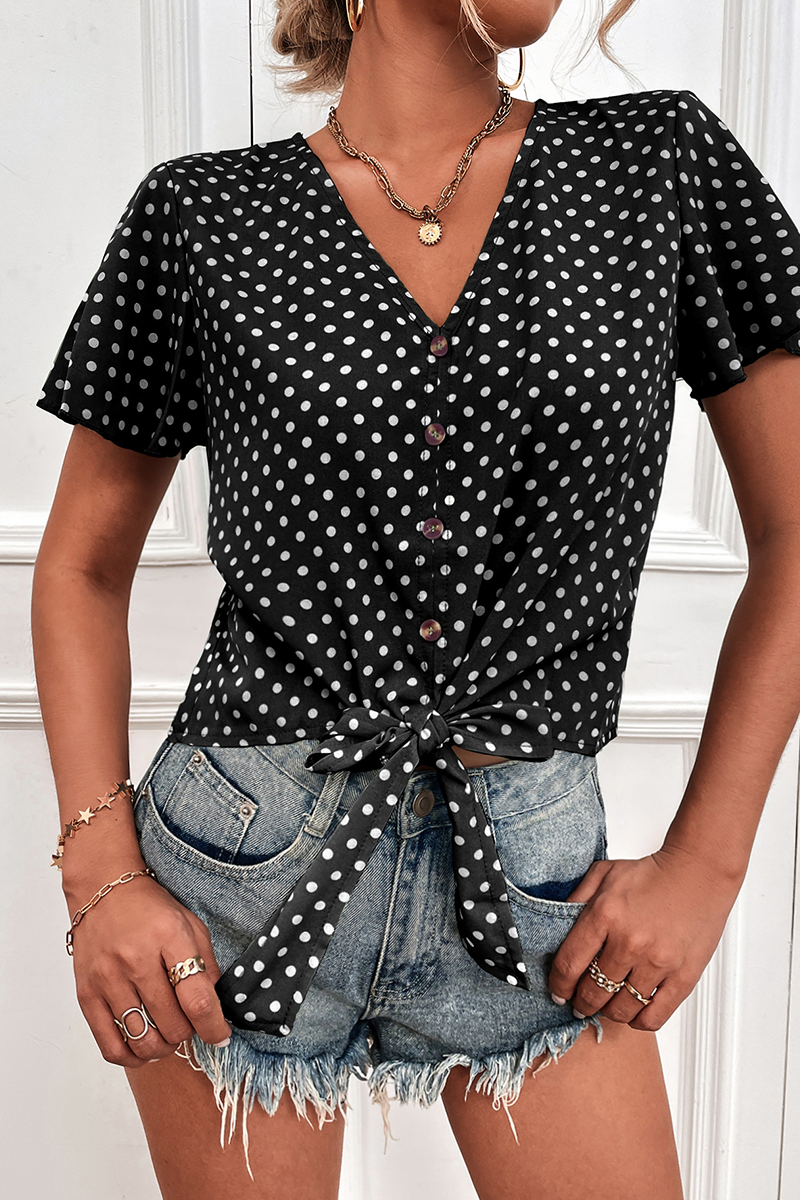 Casual Dot Split Joint V Neck Tops