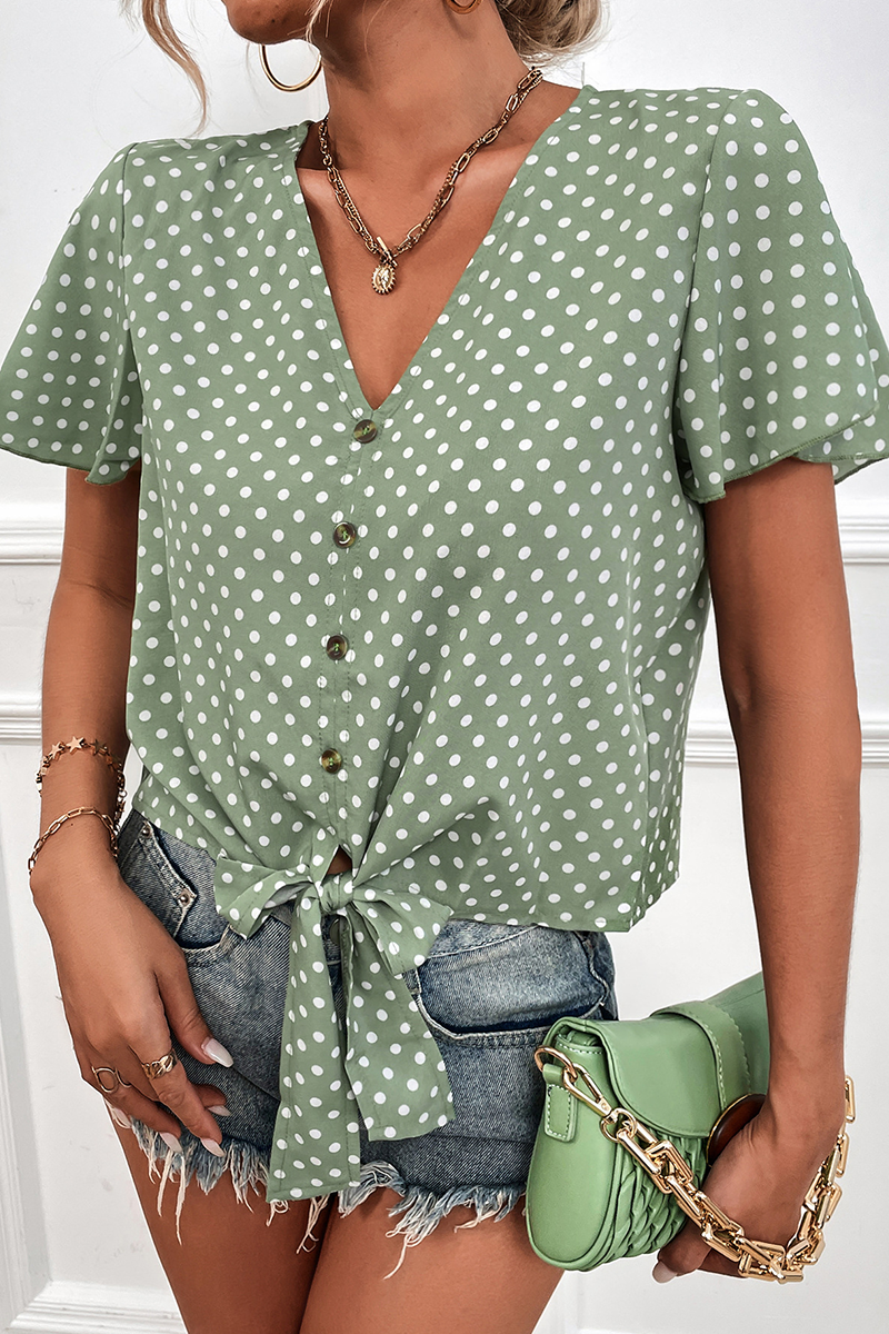 Casual Dot Split Joint V Neck Tops