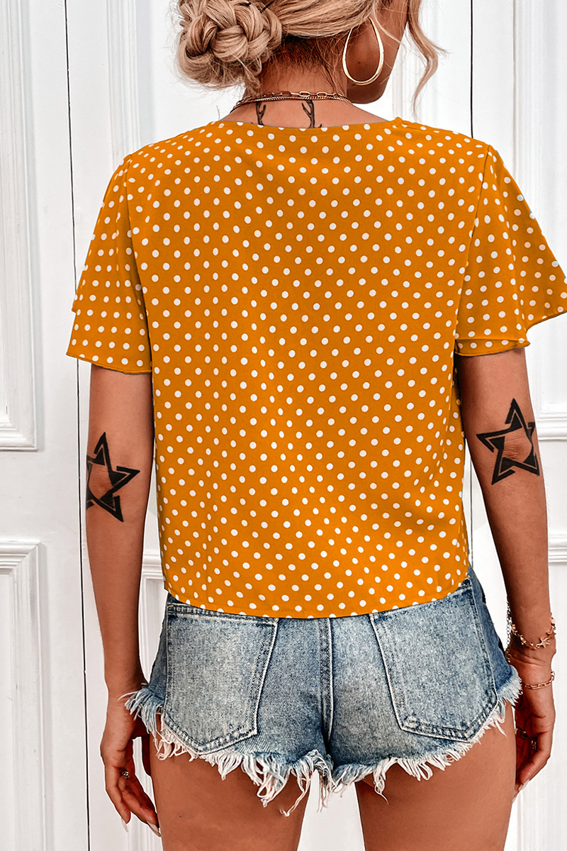 Casual Dot Split Joint V Neck Tops