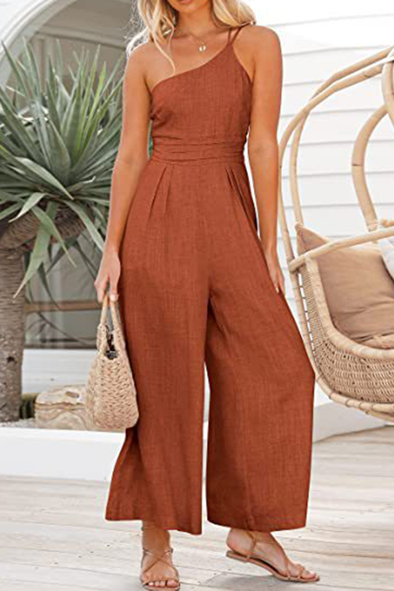 Fashion Solid Patchwork One Shoulder Straight Jumpsuits