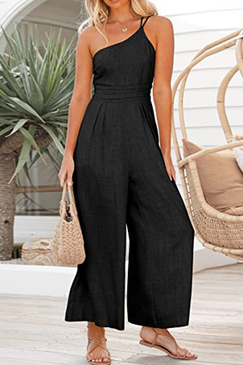 Fashion Solid Patchwork One Shoulder Straight Jumpsuits