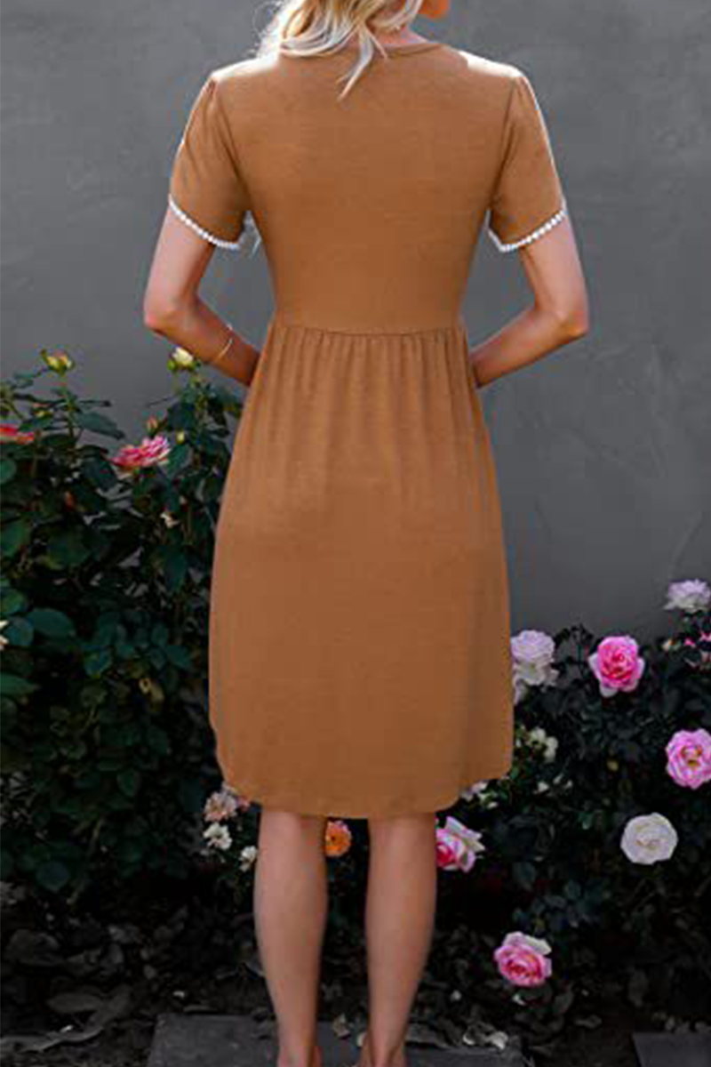 Casual Solid Split Joint O Neck Waist Skirt Dresses(5 colors)