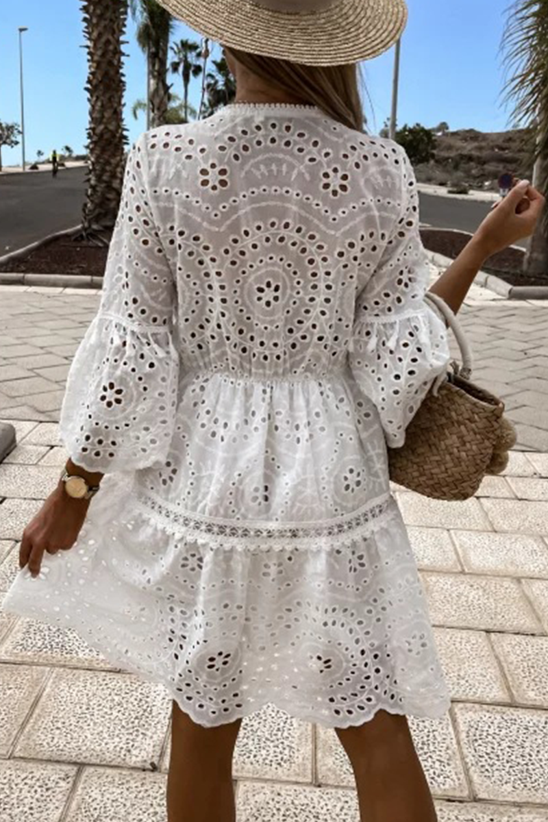 Fashion Solid Lace V Neck Cake Skirt Dresses