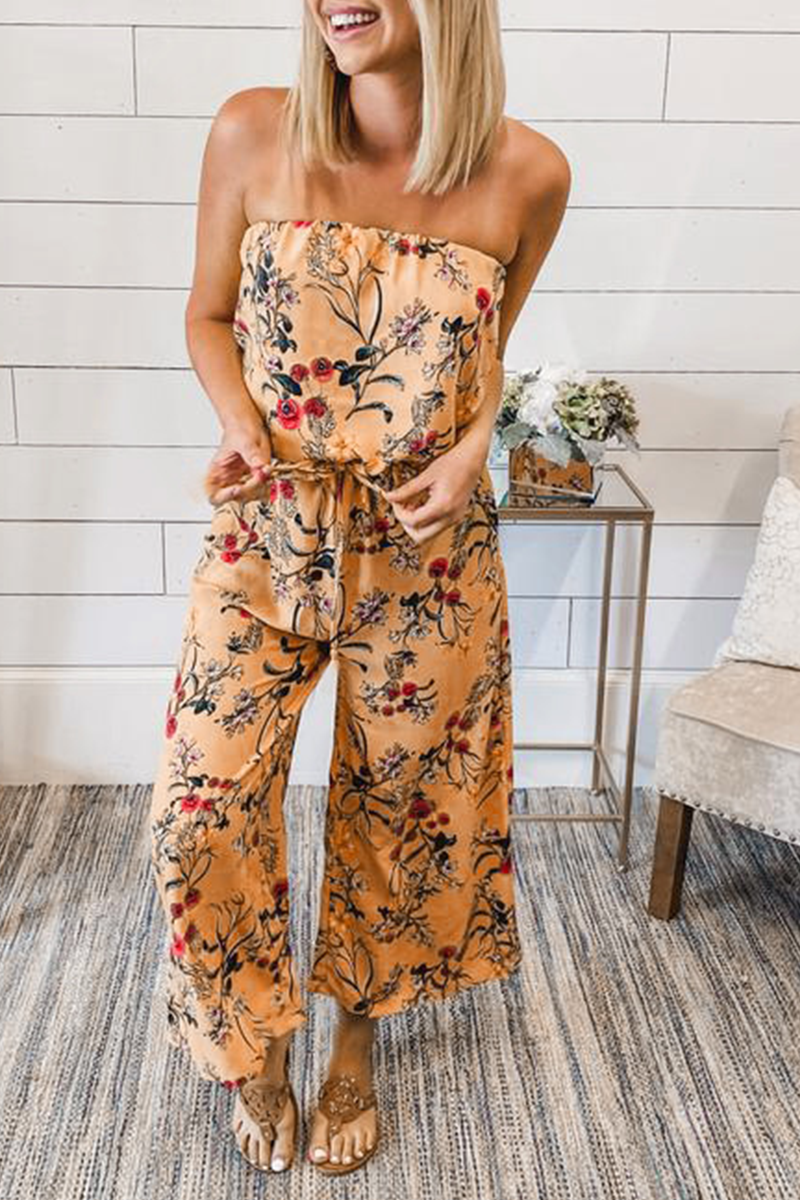 Casual Print Patchwork Strapless Straight Jumpsuits