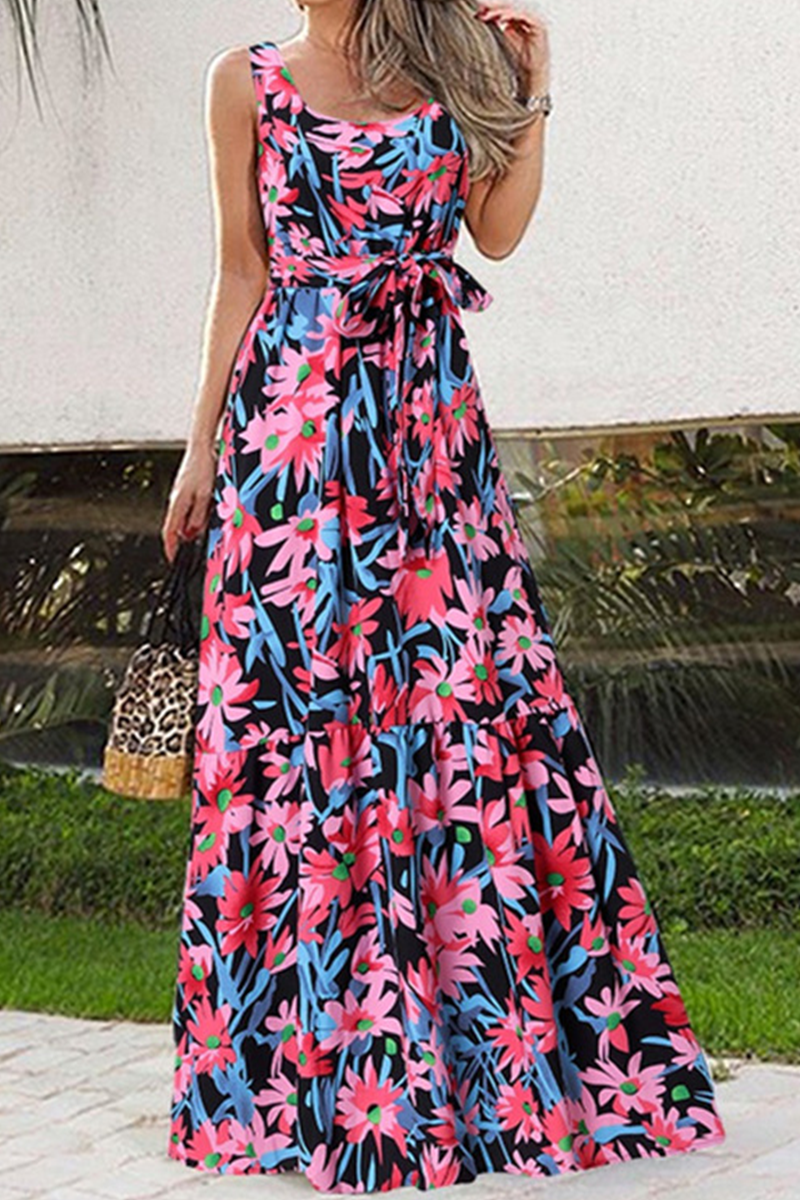 Casual Print Split Joint O Neck Cake Skirt Dresses