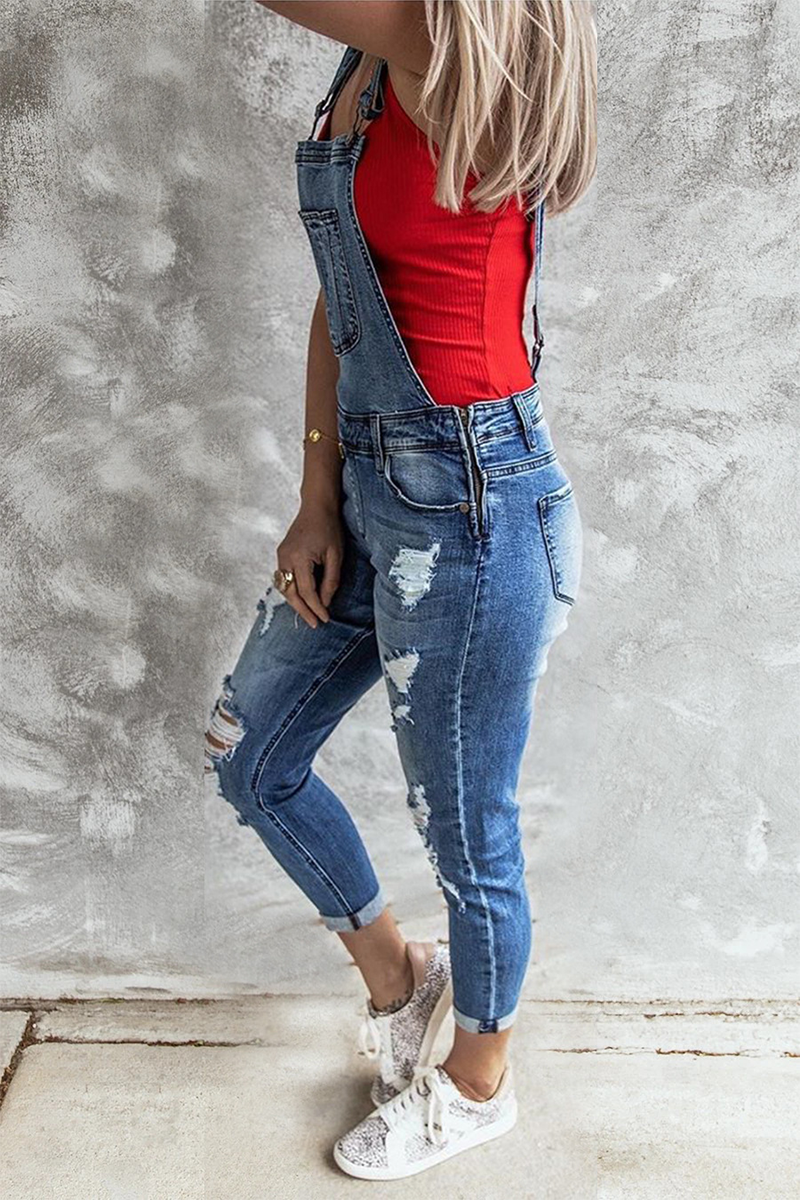 Casual Solid Ripped Square Collar Sleeveless Harlan Denim Jumpsuits