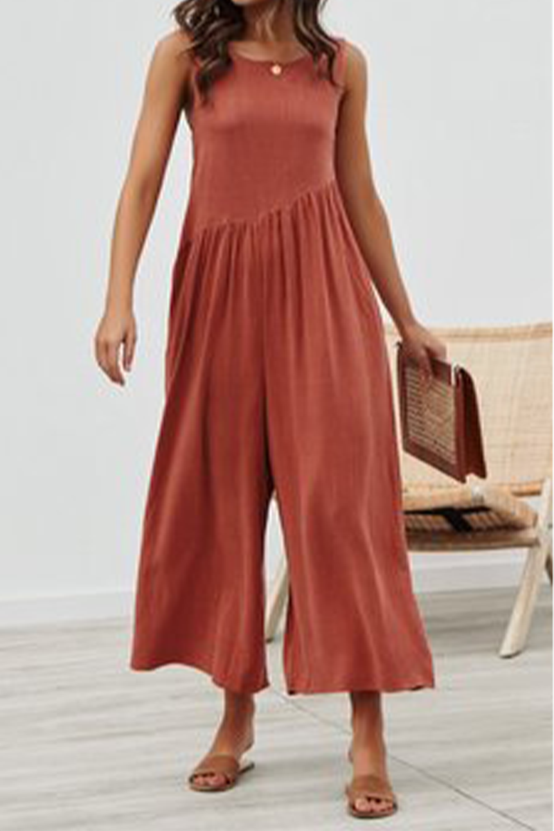 Casual Solid Patchwork O Neck Loose Jumpsuits