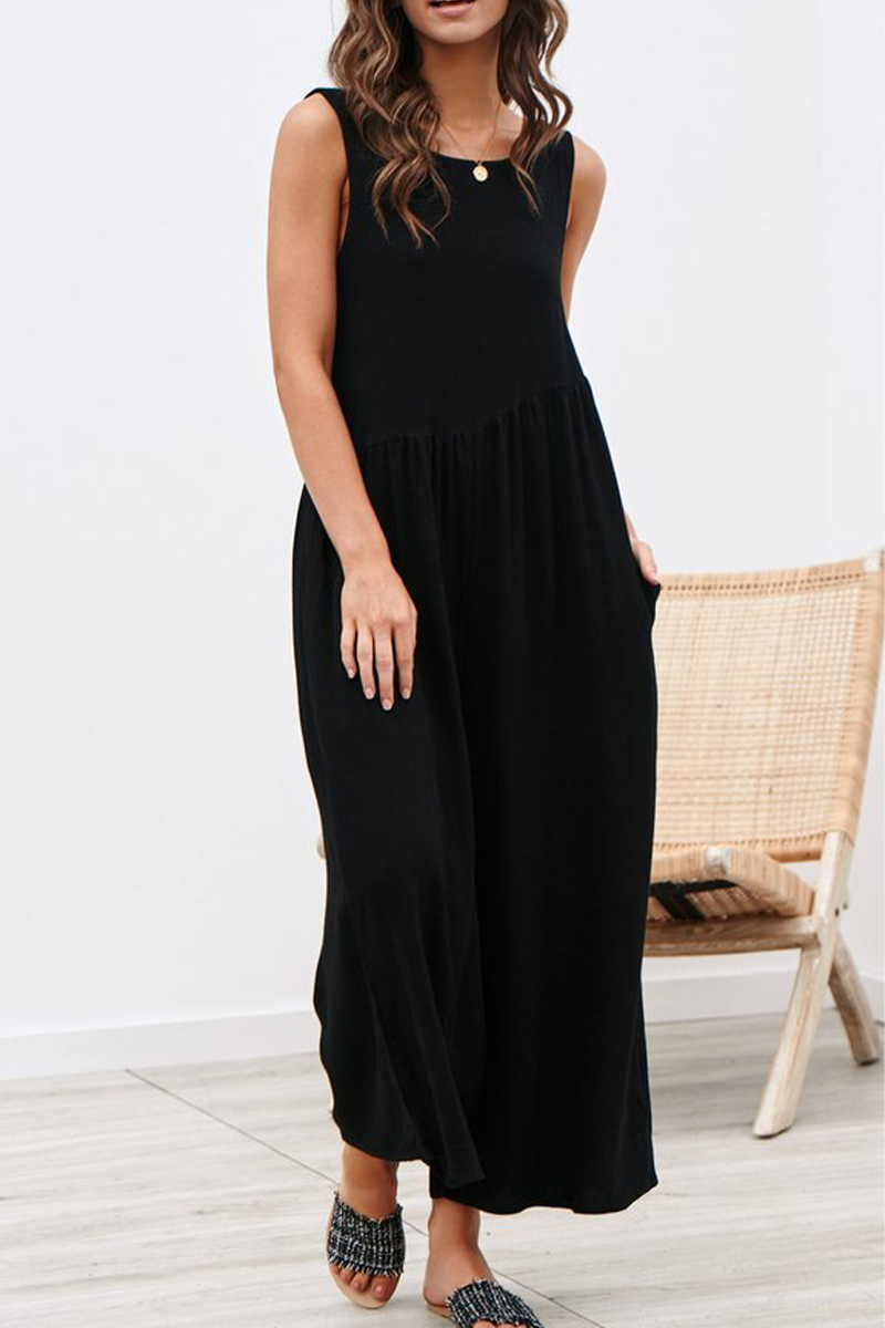 Casual Solid Patchwork O Neck Loose Jumpsuits