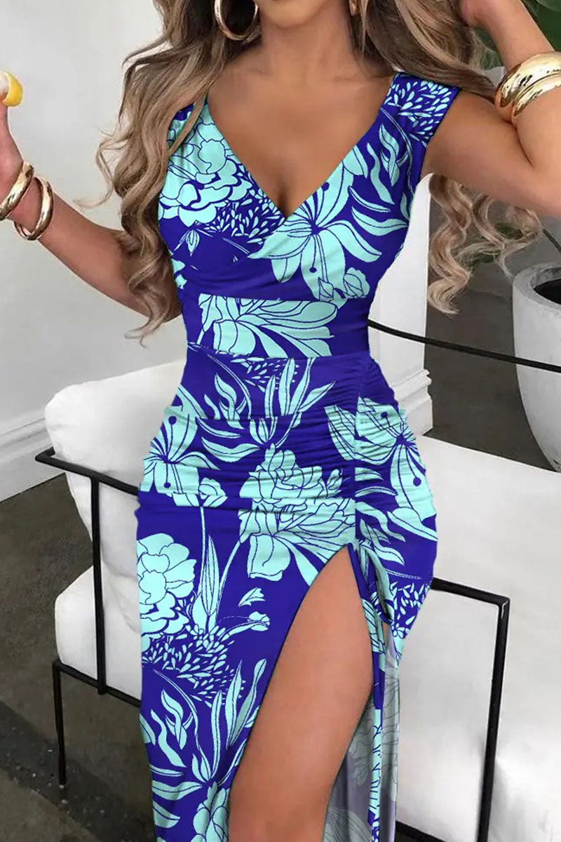 Sexy Print Patchwork Slit V Neck Straight Dresses(4 Colors)