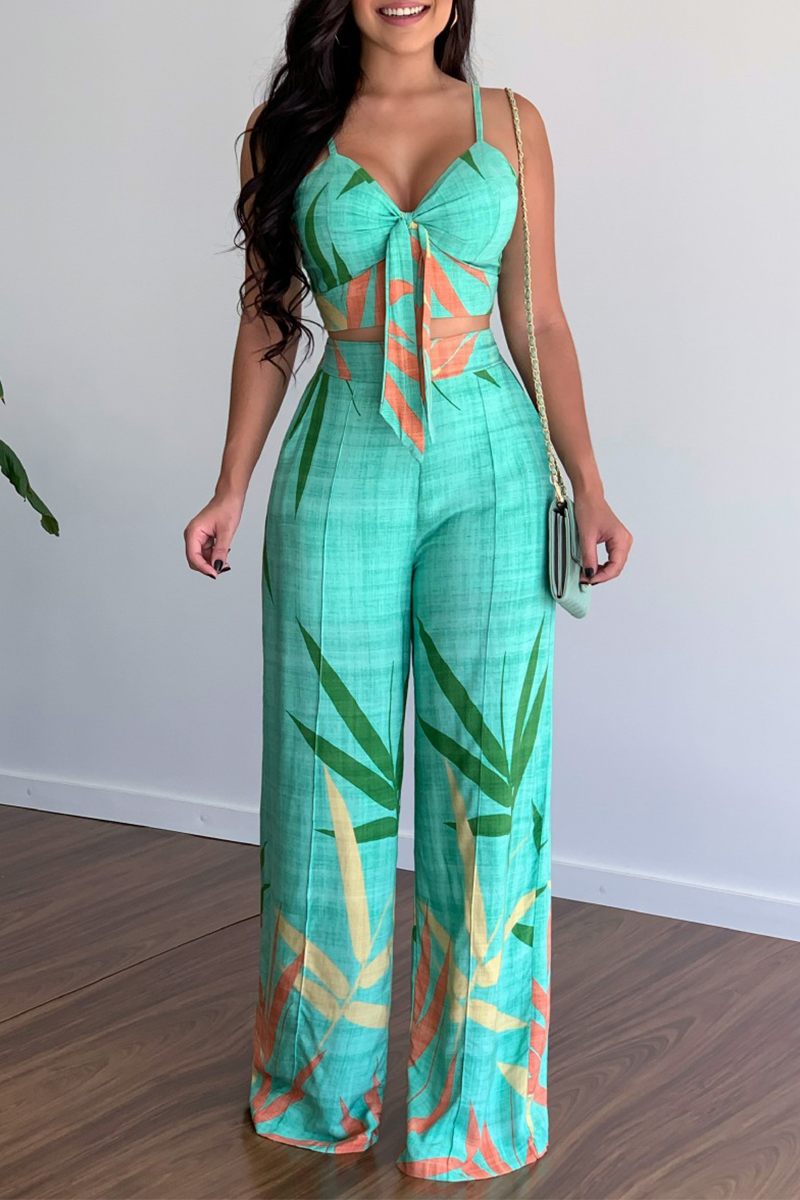 Fashion Print Patchwork Spaghetti Strap Straight Jumpsuits(5 colors)