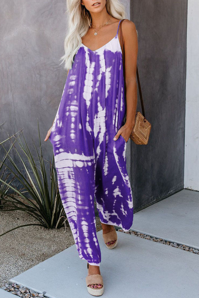 Casual Patchwork Tie-dye Spaghetti Strap Straight Jumpsuits(10 colors)