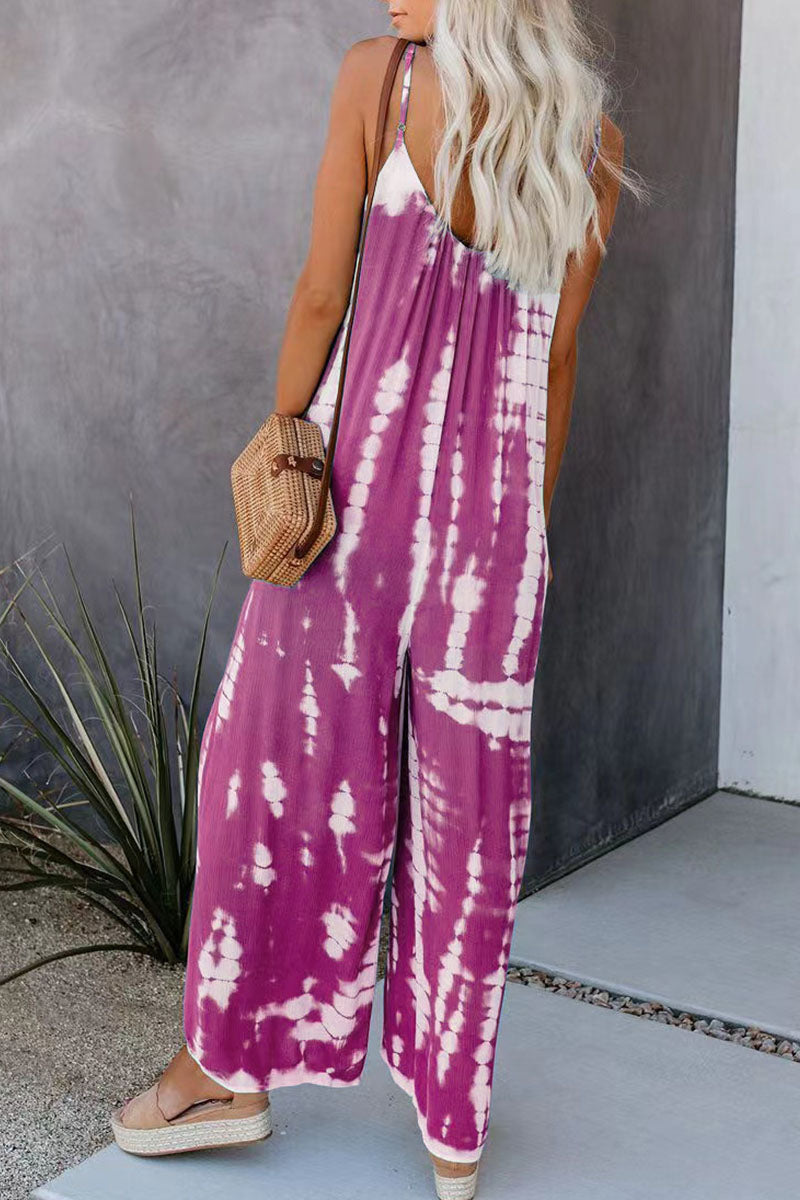 Casual Patchwork Tie-dye Spaghetti Strap Straight Jumpsuits(10 colors)