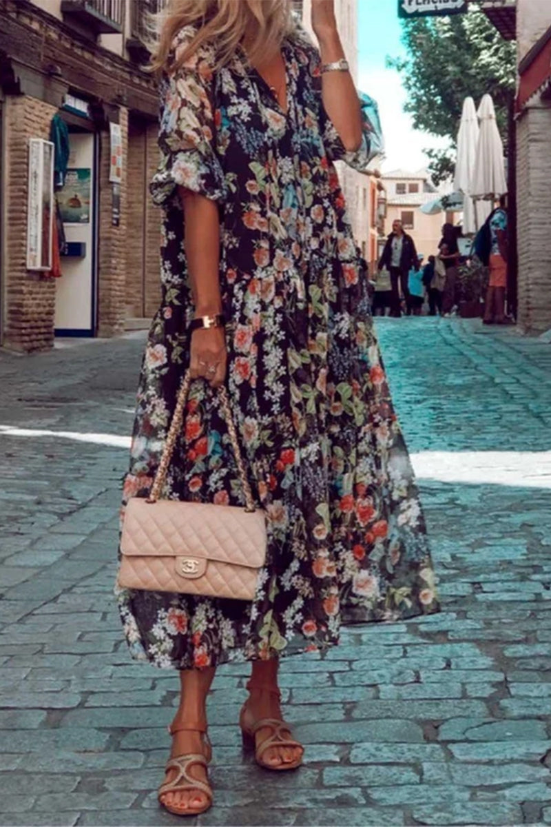 Casual Print Patchwork V Neck Cake Skirt Dresses