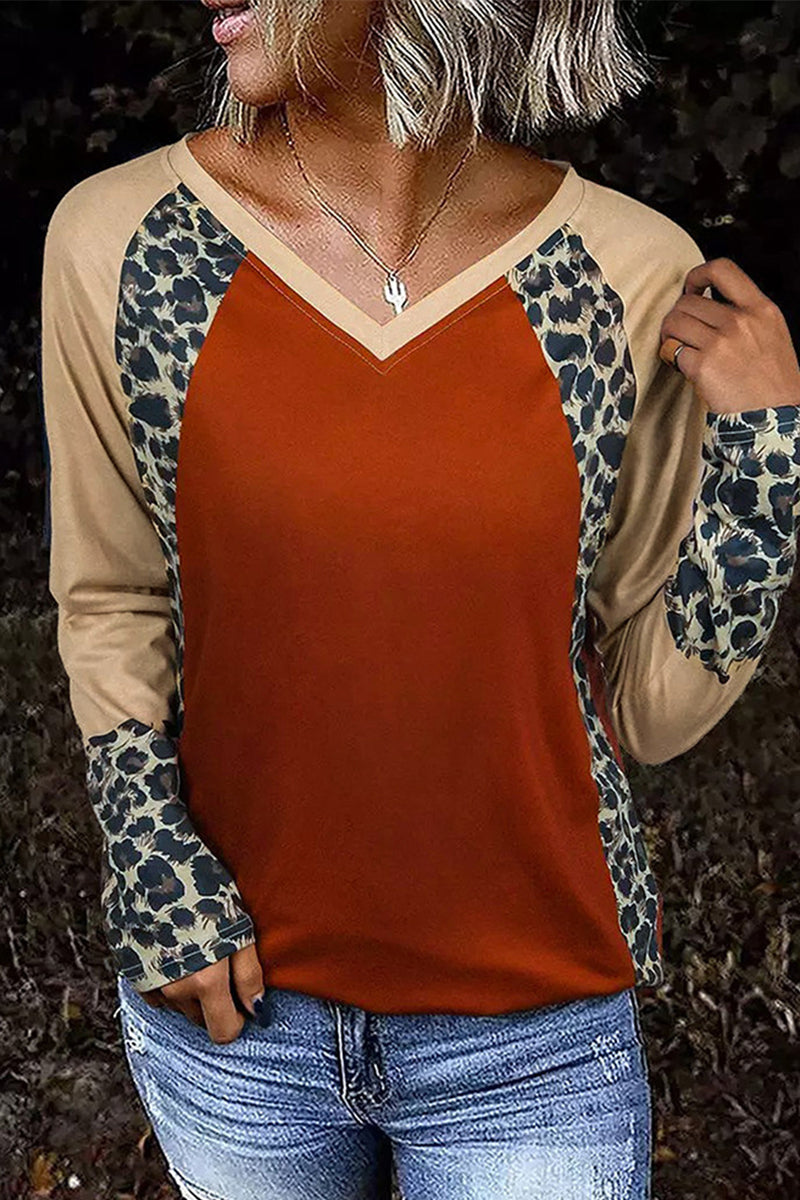 Fashion Retro Casual Leopard Contrast V Neck Tops