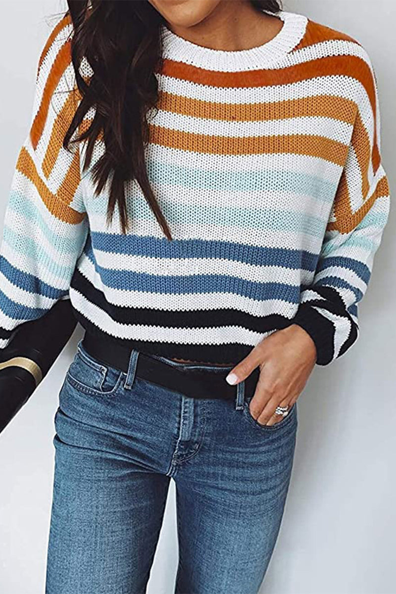 Fashion Sweet Striped Patchwork O Neck Sweaters(4 Colors)