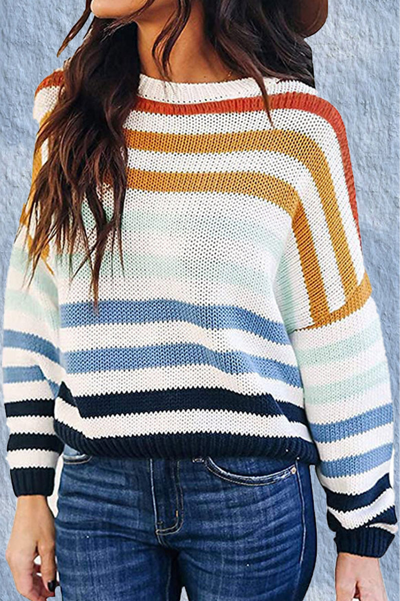 Fashion Sweet Striped Patchwork O Neck Sweaters(4 Colors)