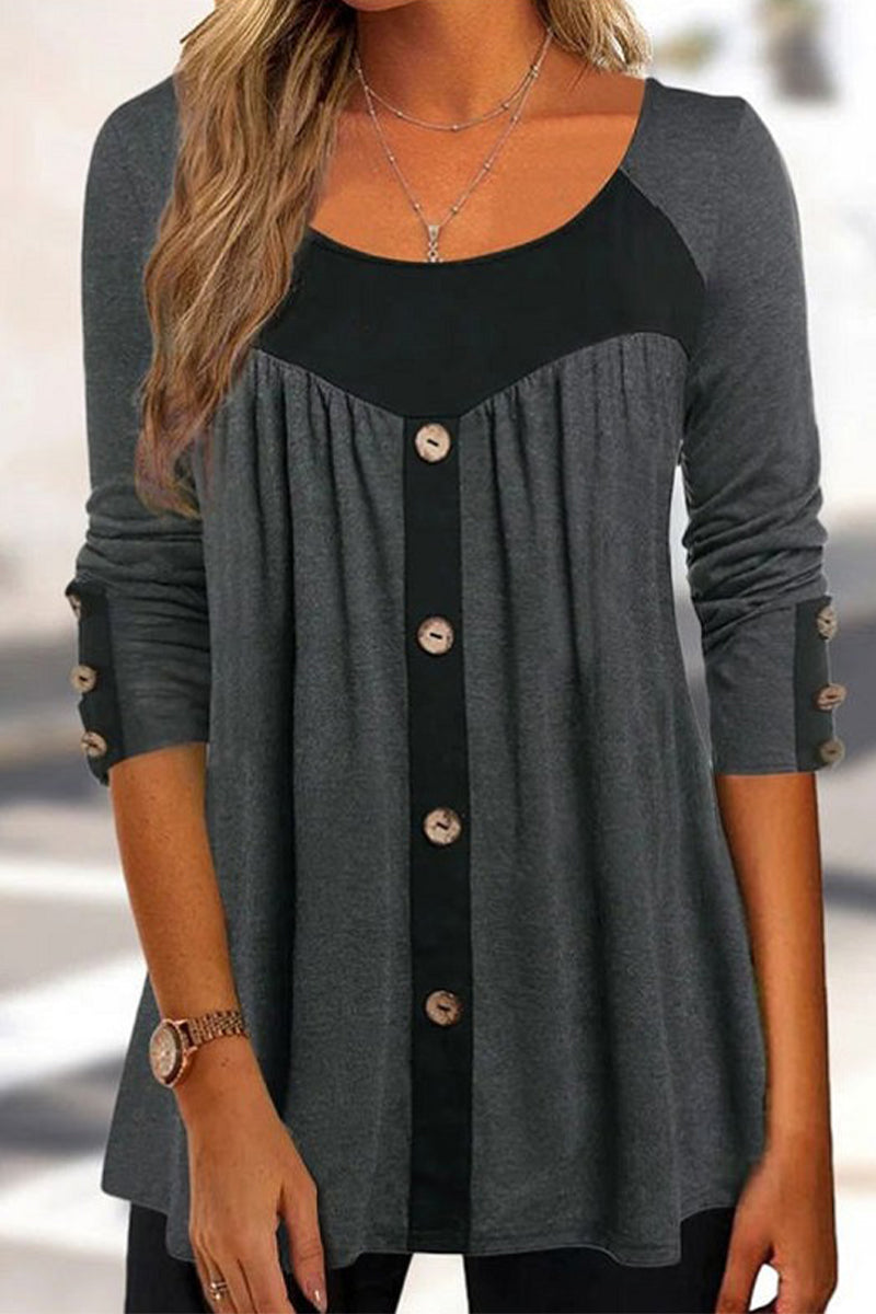 Casual Daily Patchwork Contrast O Neck Tops(3 Colors)