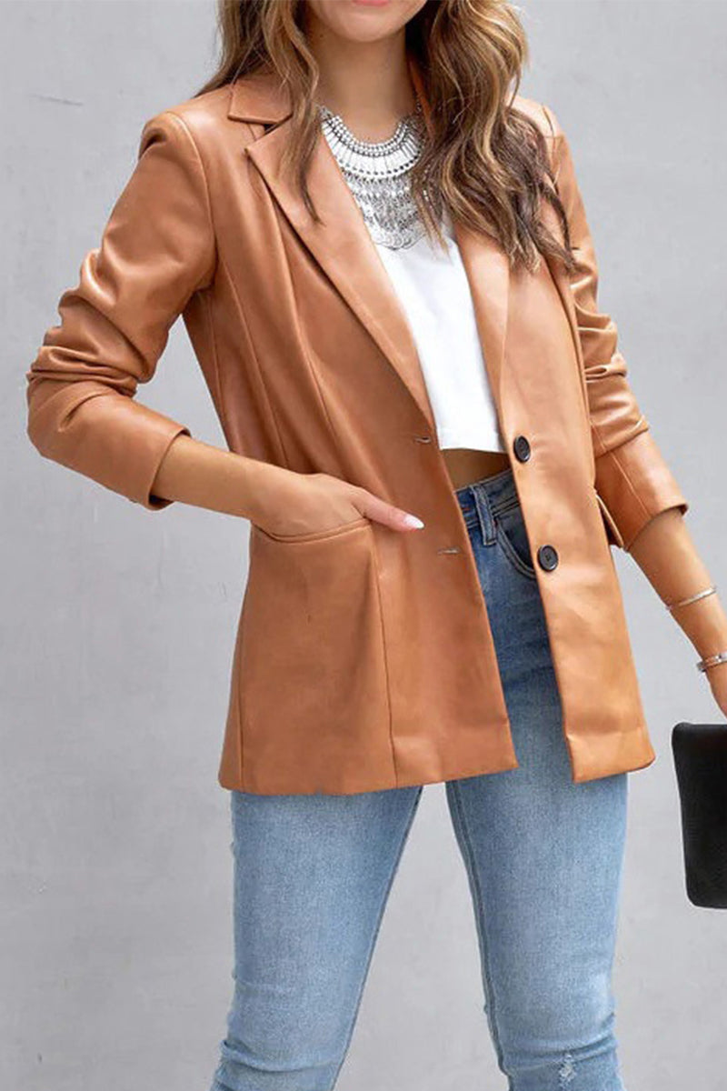 Casual Street Solid Patchwork Buckle Turn-back Collar Outerwear