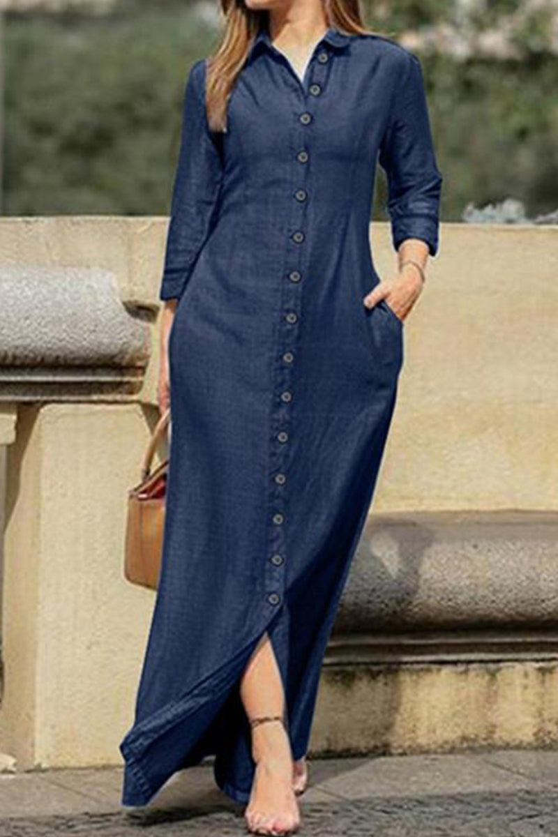 Elegant Buckle Long Sleeve Loose Denim Dresses(3 Colors)