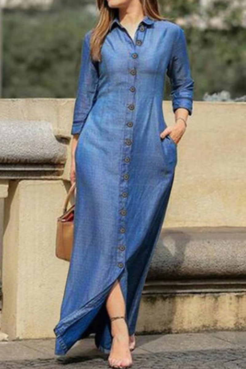 Elegant Buckle Long Sleeve Loose Denim Dresses(3 Colors)