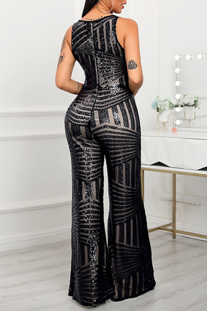 Elegant Solid Sequins O Neck Regular Jumpsuits