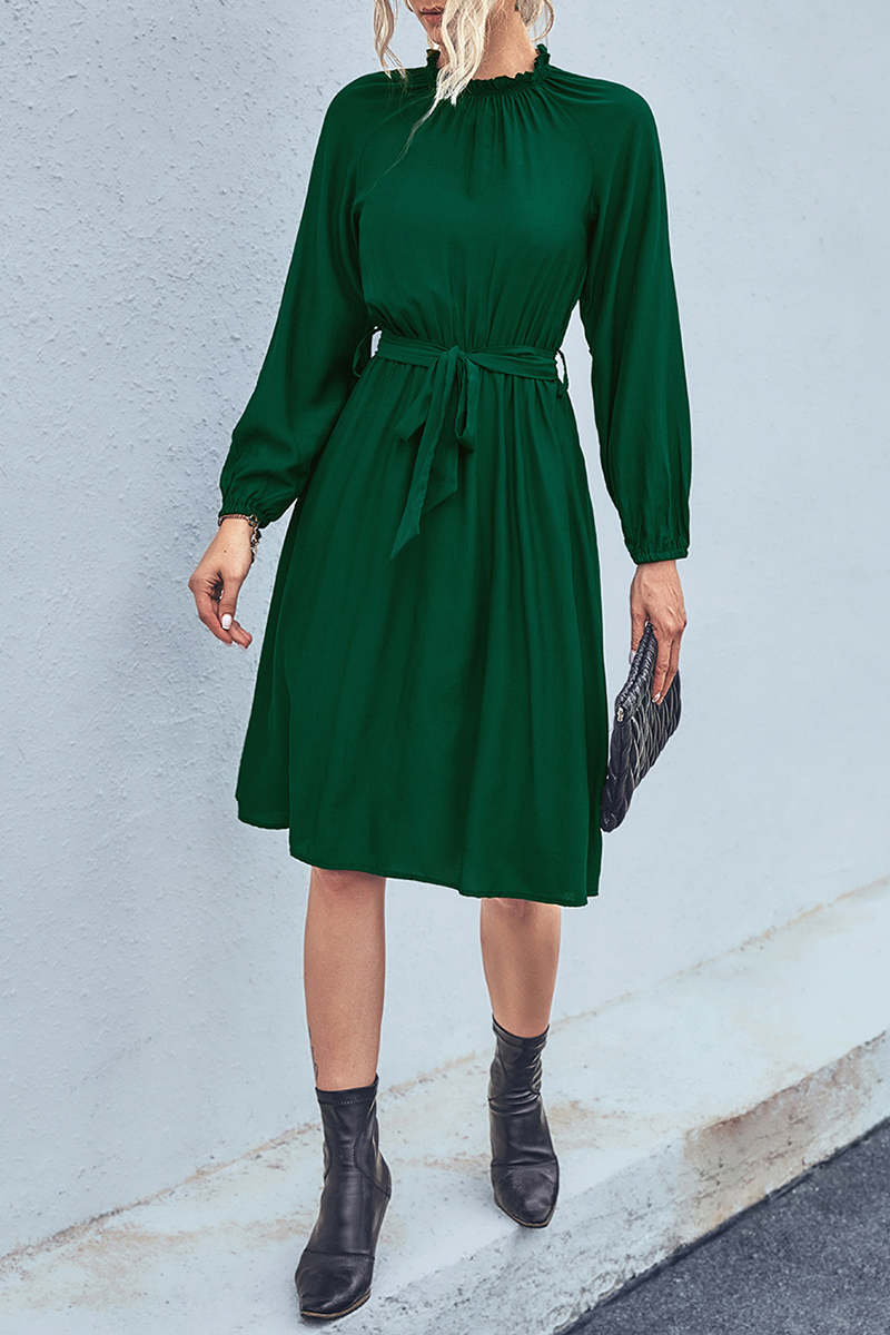 Daily Solid Patchwork Half A Turtleneck Waist Skirt Dresses