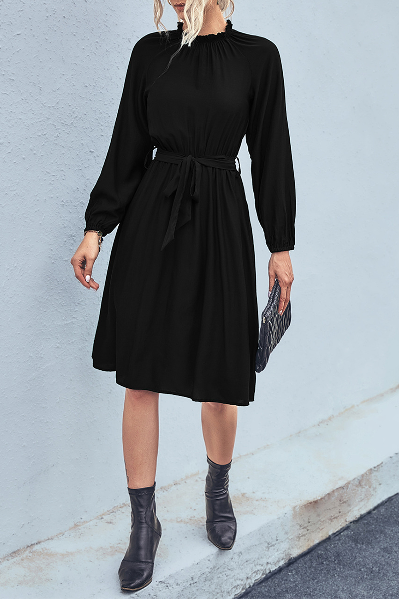 Daily Solid Patchwork Half A Turtleneck Waist Skirt Dresses