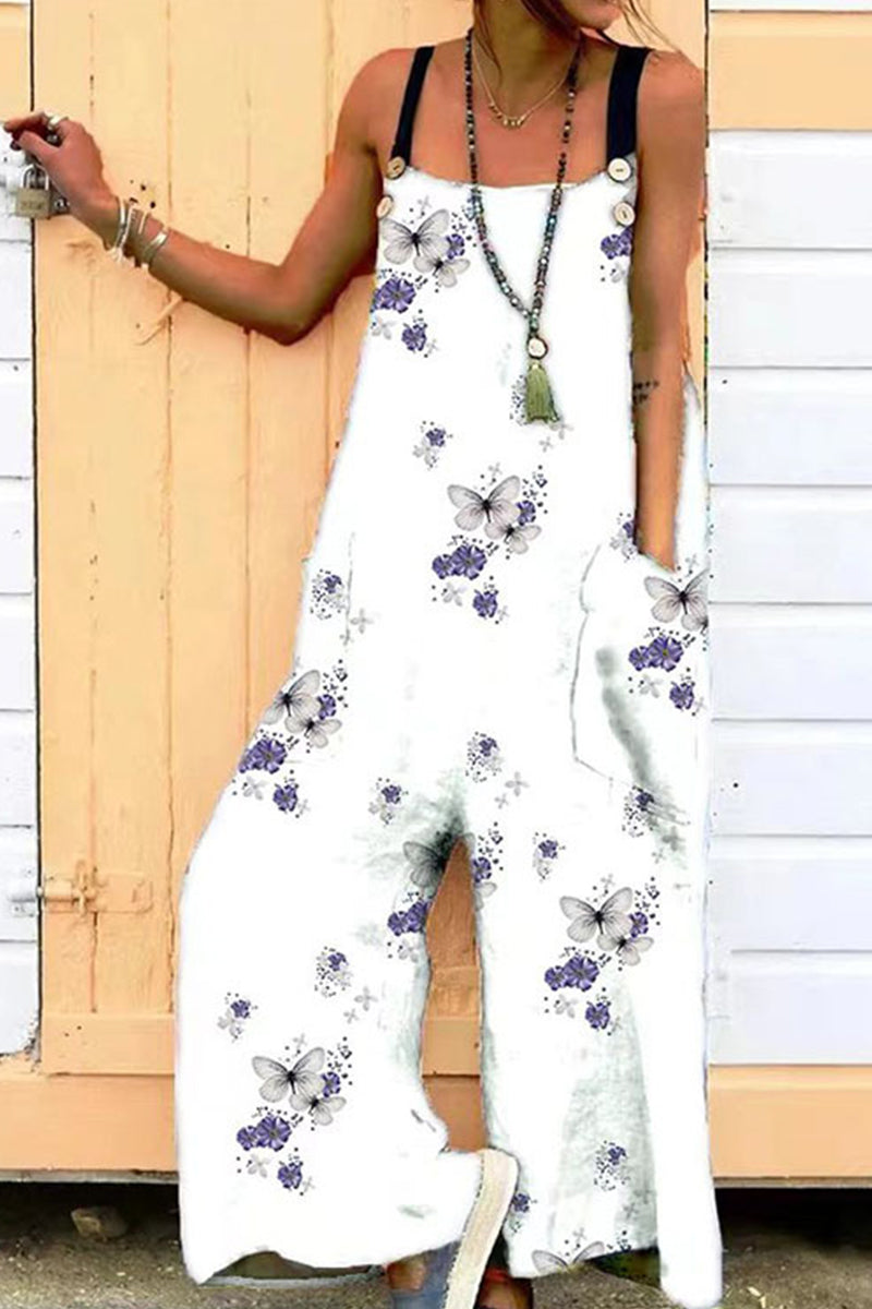 Casual Print Printing Spaghetti Strap Loose Jumpsuits(6 Colors)