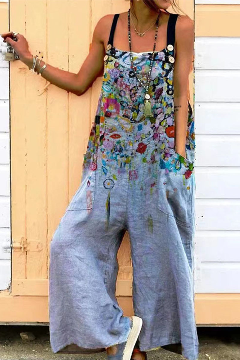 Casual Print Printing Spaghetti Strap Loose Jumpsuits(6 Colors)