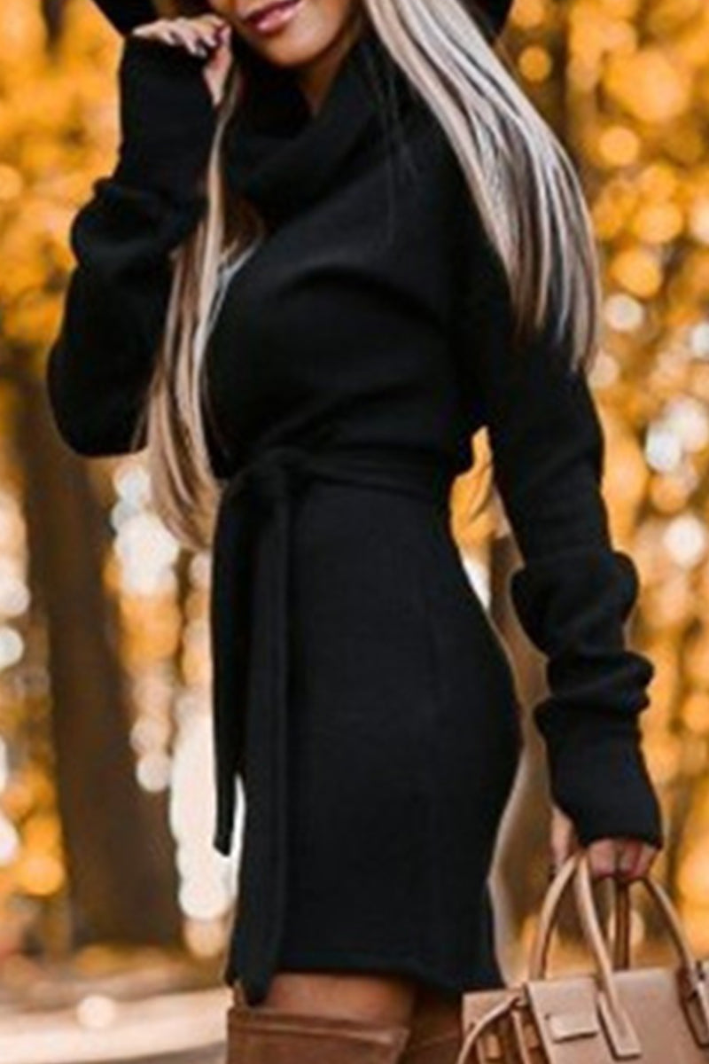 Casual Solid Frenulum Turtleneck One Step Skirt Dresses