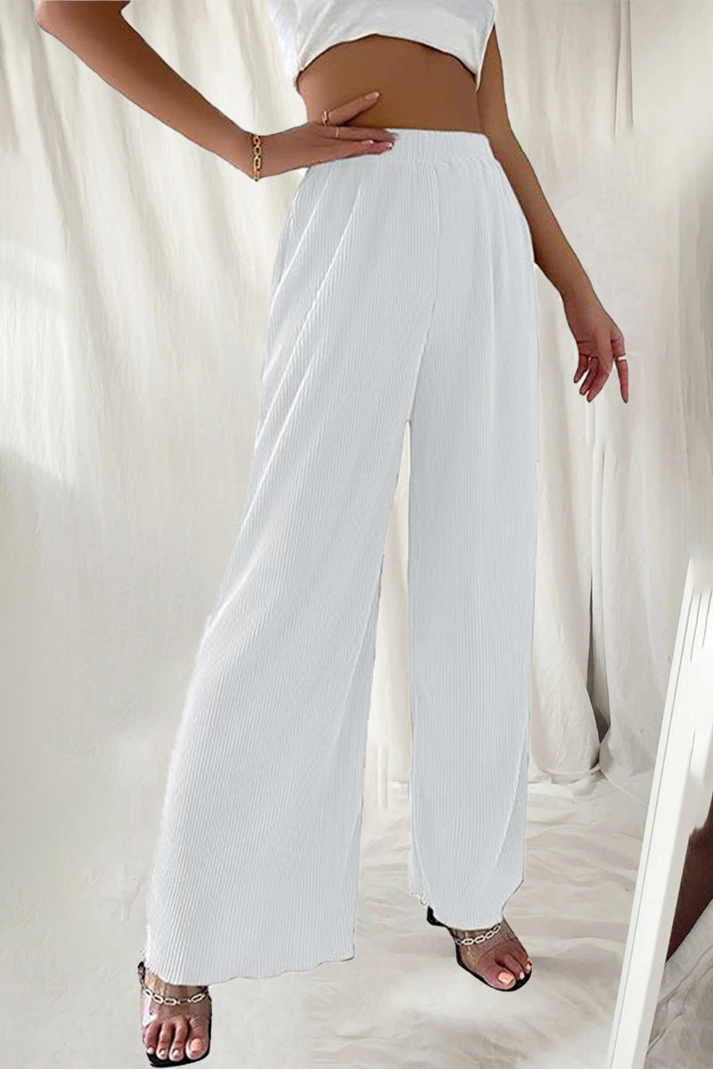 Casual Simplicity Solid Fold Loose High Waist Wide Leg Solid Color Bottoms(7 Colors)