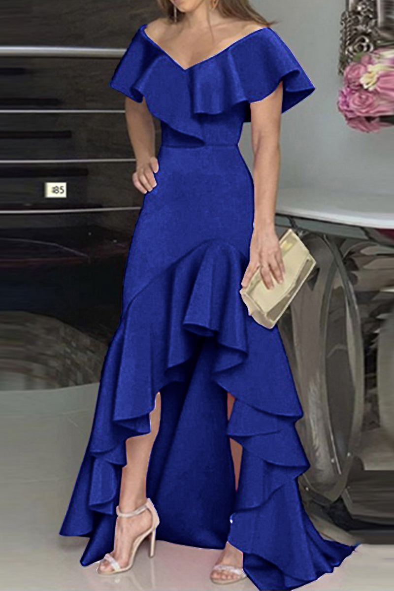 Elegant Solid Flounce V Neck Irregular Dress Dresses(4 Colors)
