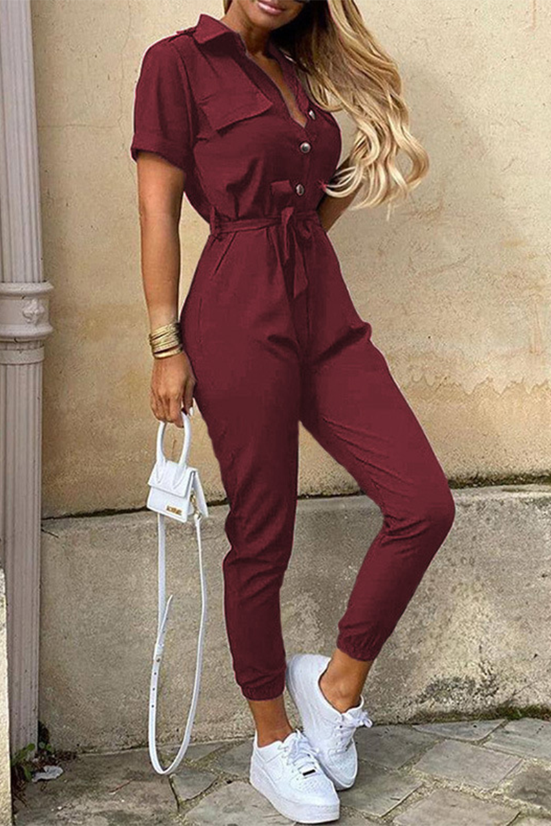 Casual Daily Solid Frenulum With Belt Turndown Collar Regular Jumpsuits