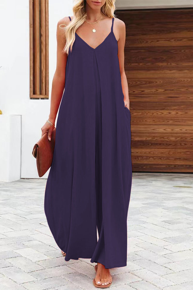 Casual Solid Color V Neck Loose Jumpsuits(6 Colors)