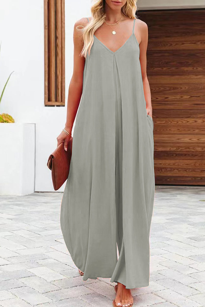 Casual Solid Color V Neck Loose Jumpsuits(6 Colors)