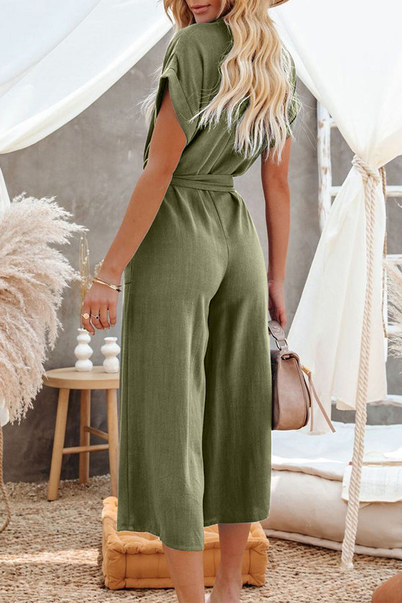 Casual Solid Pocket Frenulum Buckle V Neck Jumpsuits(5 Colors)