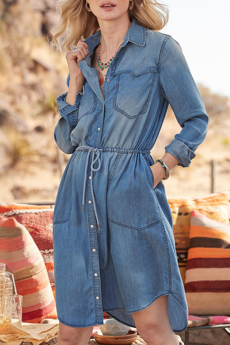 Casual Street Solid Frenulum Turndown Collar Long Sleeve Denim Dresses