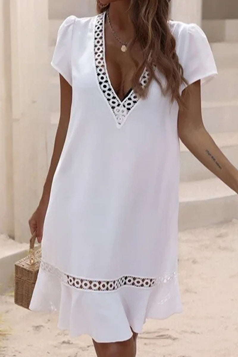 Casual Vacation Solid Hollowed Out With Belt V Neck A Line Dresses