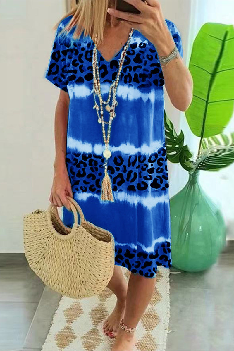 Sexy Casual Striped Leopard Patchwork V Neck Short Sleeve Dress Dresses