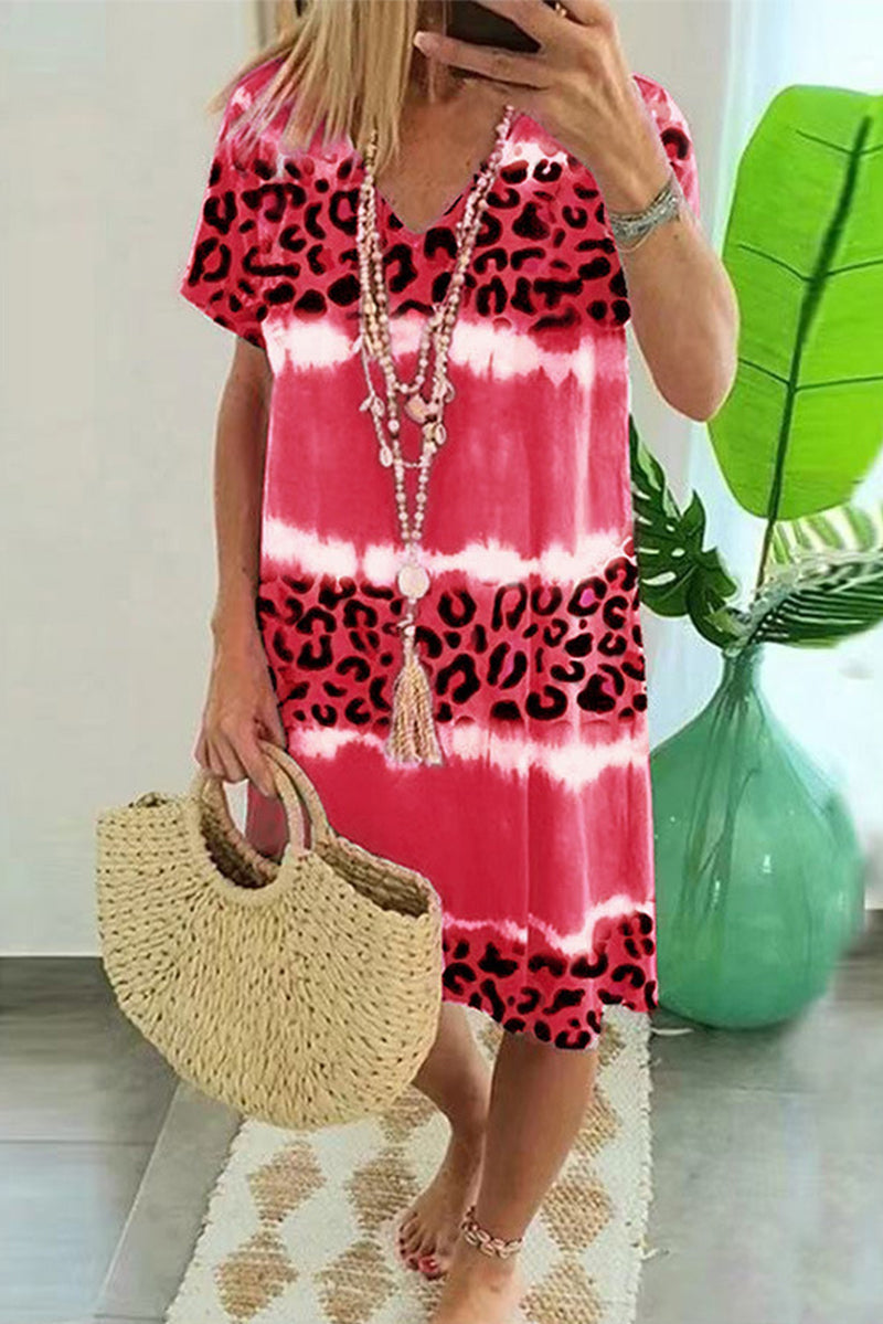 Sexy Casual Striped Leopard Patchwork V Neck Short Sleeve Dress Dresses