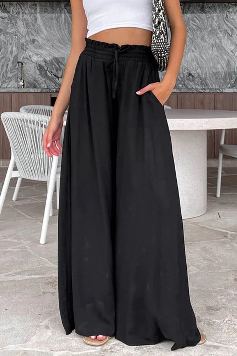 Casual Vacation Solid Stringy Selvedge Loose Mid Waist Wide Leg Solid Color Bottoms