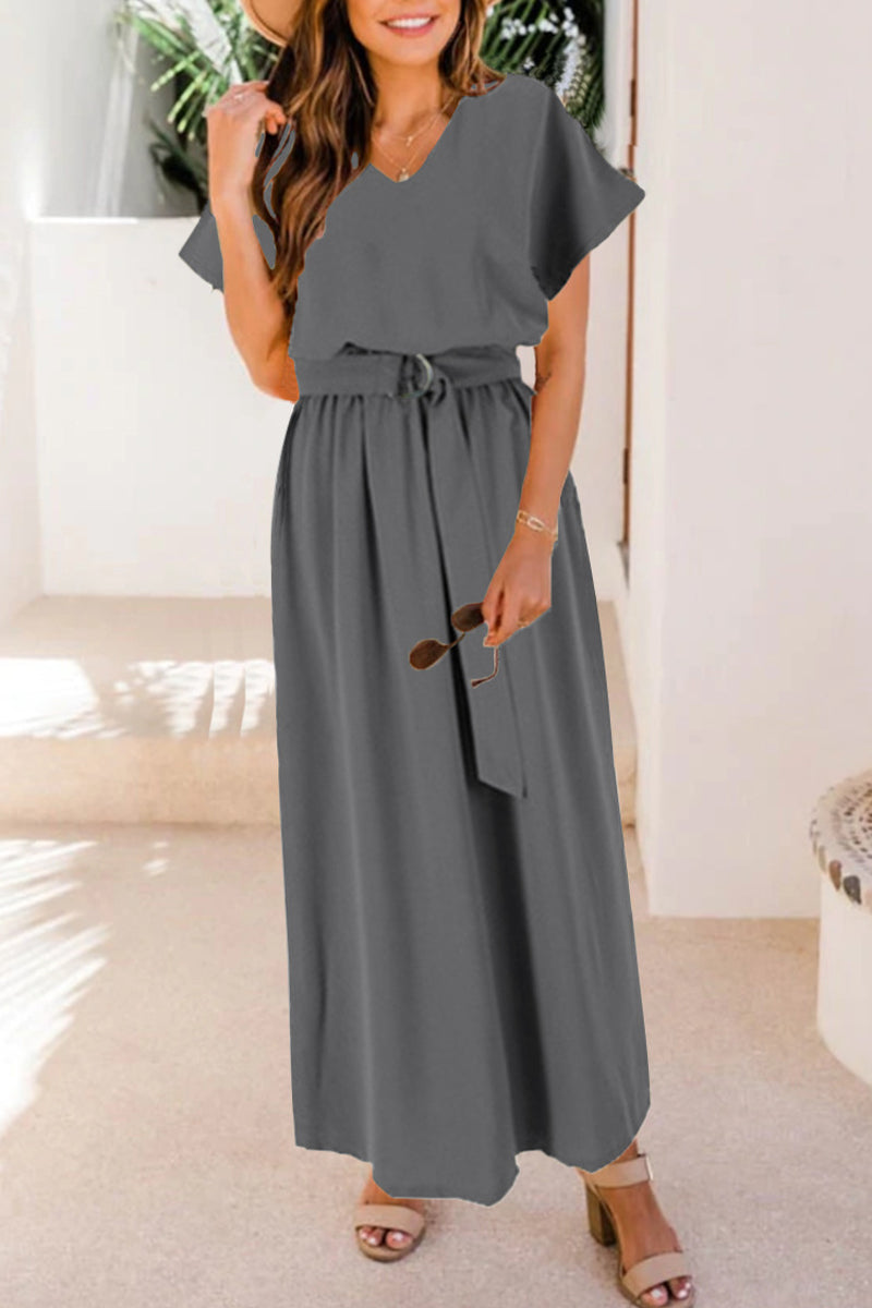 Casual Solid With Belt V Neck Waist Skirt Short Sleeve Dress(6 Colors)