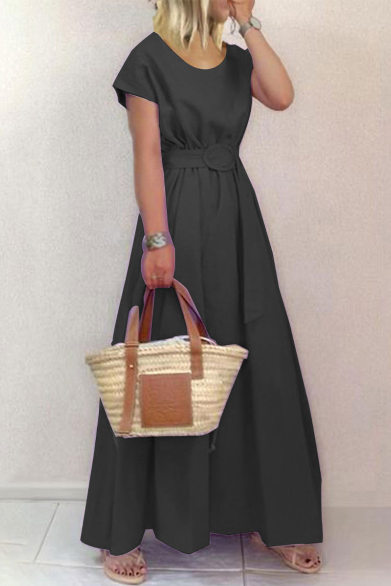 Casual Elegant Solid With Belt O Neck Waist Skirt Dresses