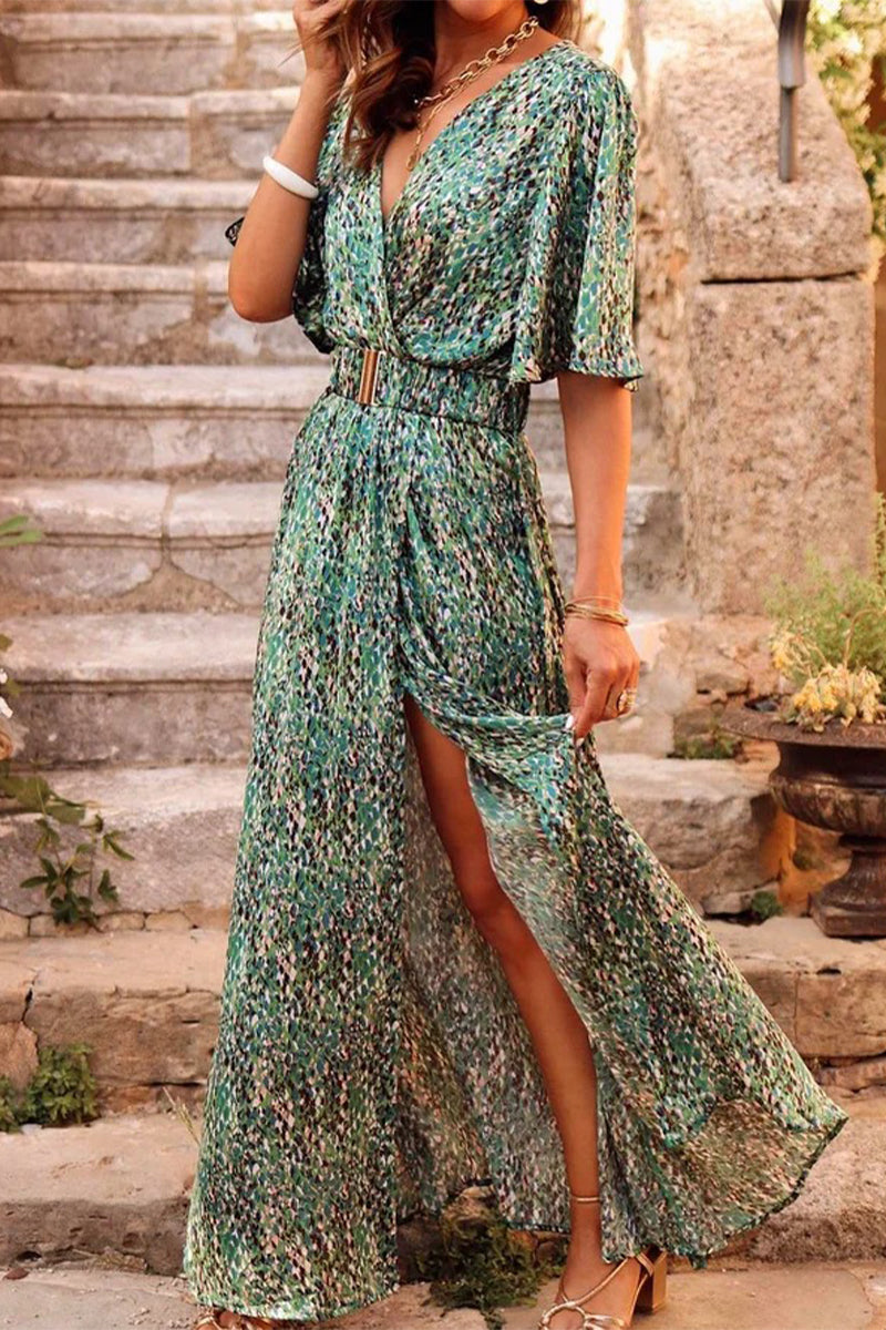 Bohemian College Floral Patchwork With Belt V Neck Waist Skirt Dresses