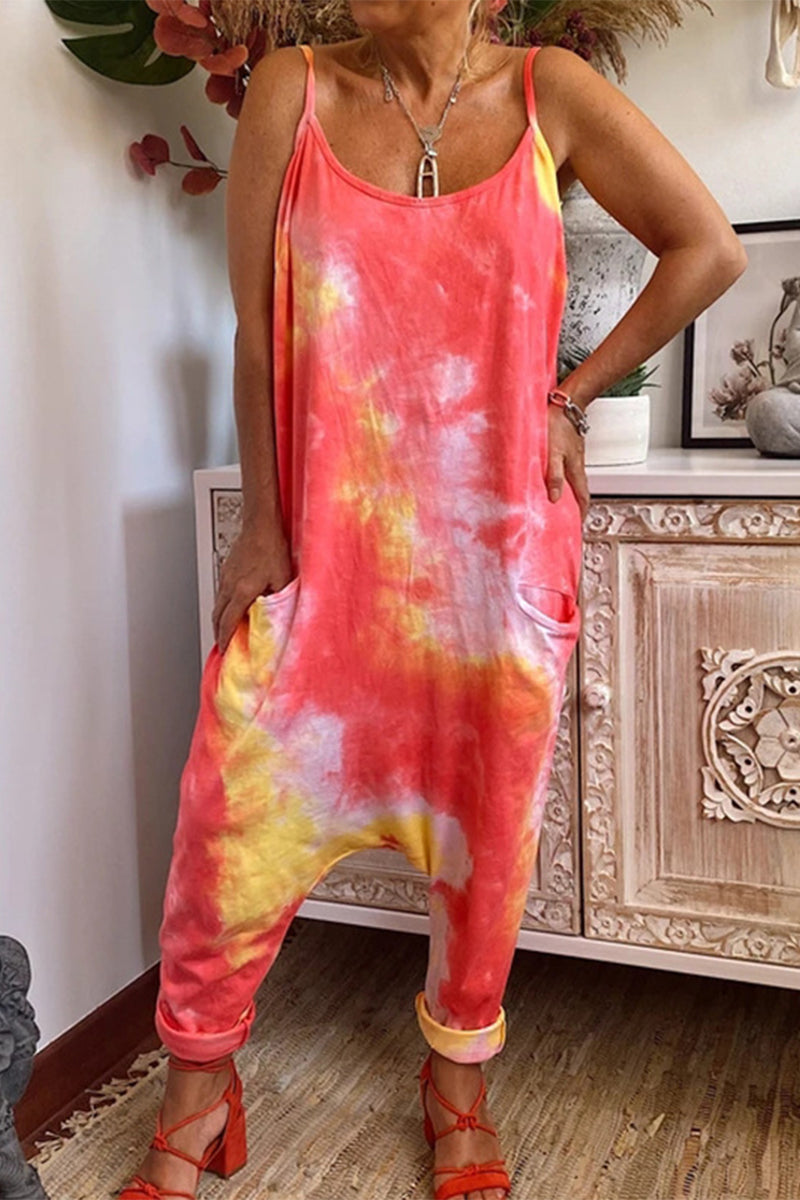 Casual Tie Dye Pocket Contrast U Neck Loose Jumpsuits