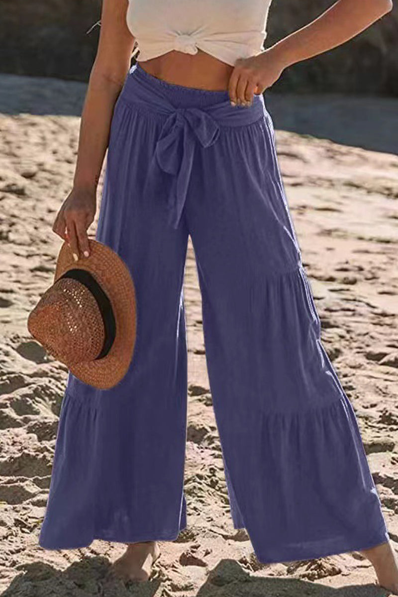 Casual Vacation Solid Bandage Fold Loose High Waist Wide Leg Solid Color Bottoms